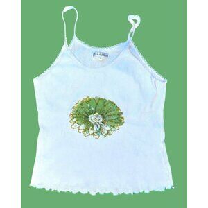Alix & Maxx XL Tank Top White Green Sequin Flower Stretch Knit Cotton Camisole